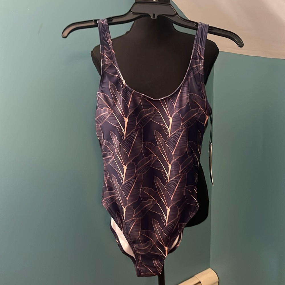 NWT Nicole Miller Blue Tropical Leaf Print One Piece Swimsuit Size Medium